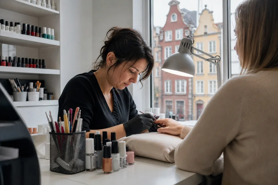 Kosmetyczka wykonuje manicure klientce przy swoim stanowisku w jasnym gabinecie kosmetycznym